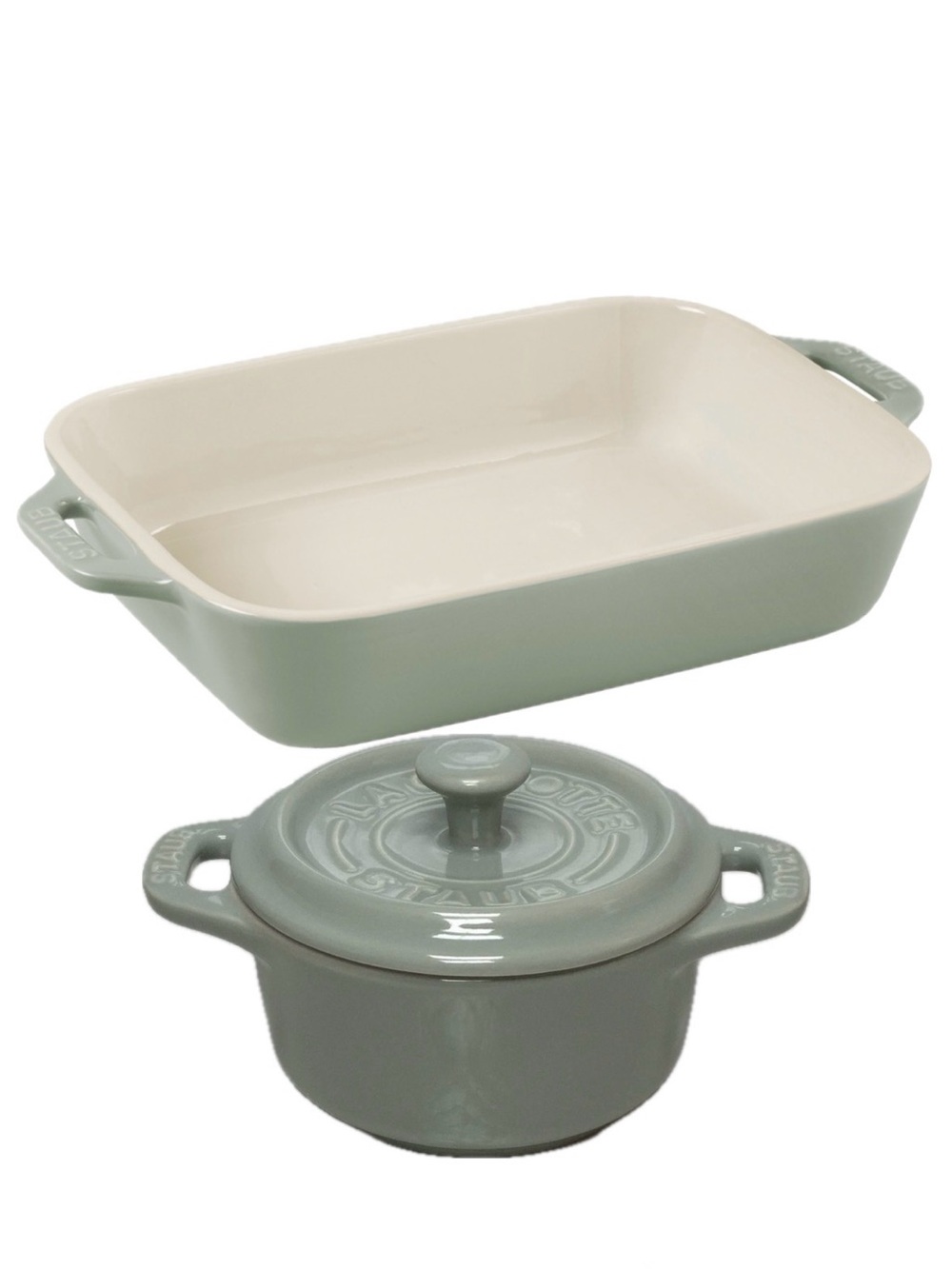 NWT Staub Cast Iron Round Cocotte & Rectangular Baking Dish in Eucalyptus Green